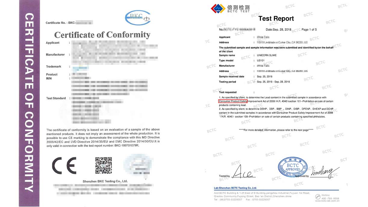 CE & CPSC certificate samples